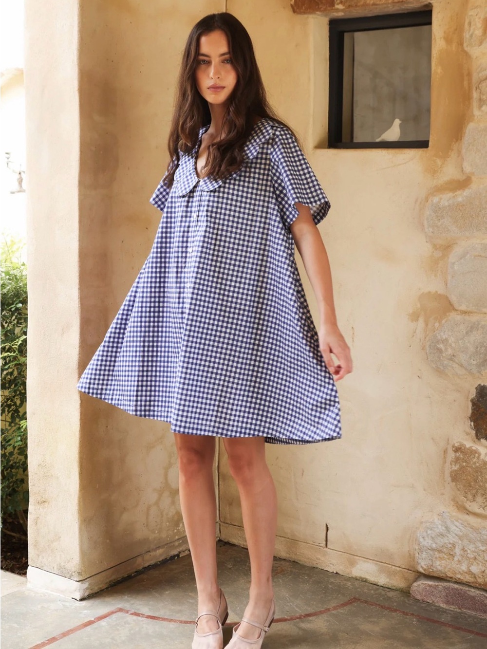 Piyama Blue Gingham Button-Front Dress with Peter Pan Collar - Picture 2 of 6